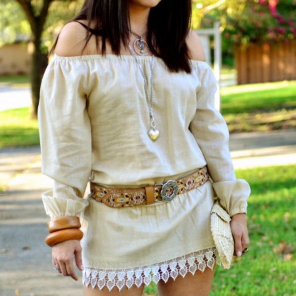 Vikki Nikks Women's Beige Linen Off-Shoulder Mini Dress - Size S